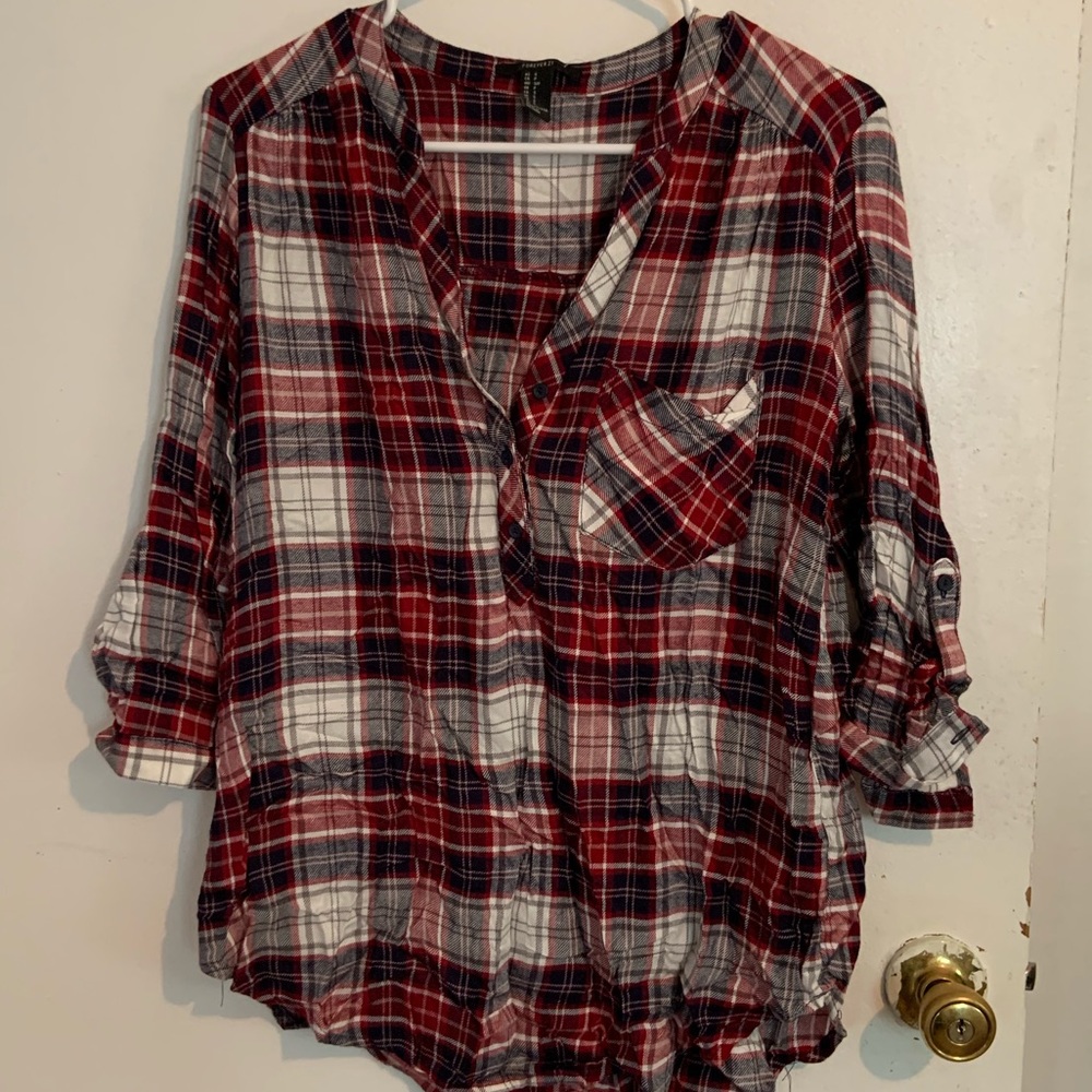 Red, black & white plaid tunic